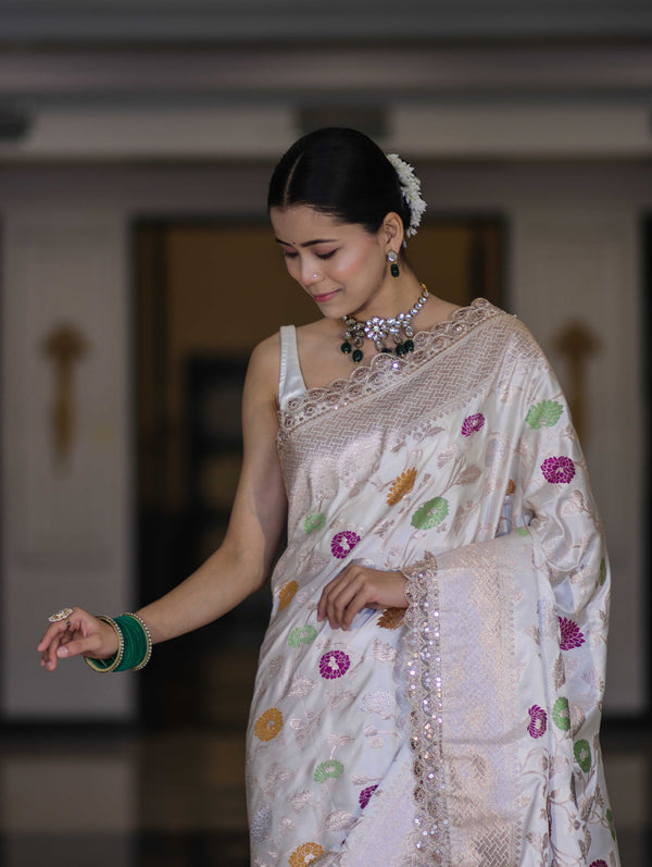 Banarasee Handloom Mashru Silk Saree With Jaal Design & Lace Border-Off White