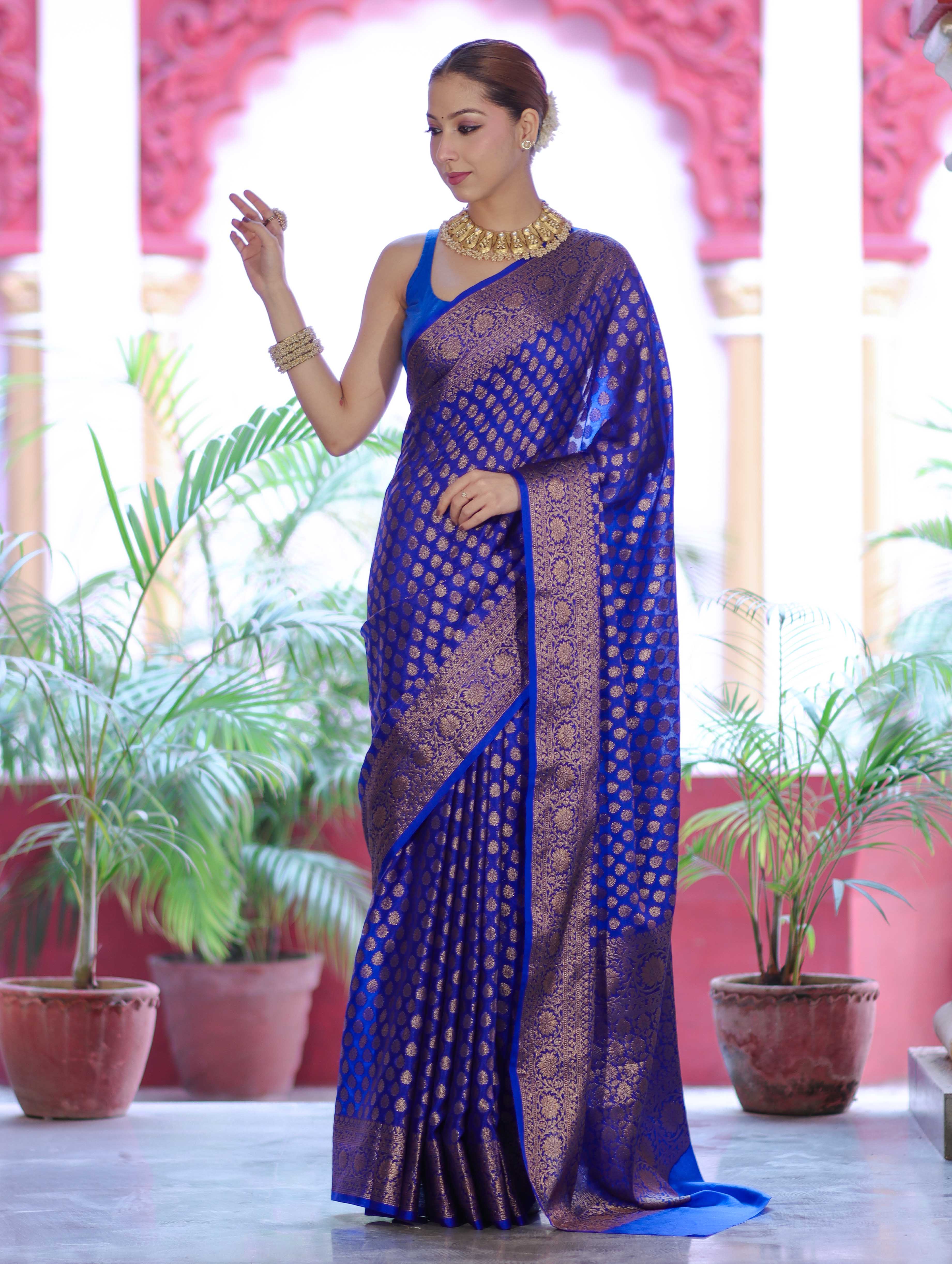 Banarasee Handwoven Georgette Saree With Zari Buta Design & Floral Border-Blue