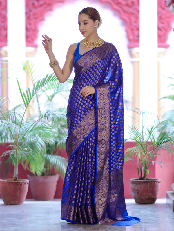 Banarasee Handwoven Georgette Saree With Zari Buta Design & Floral Border-Blue