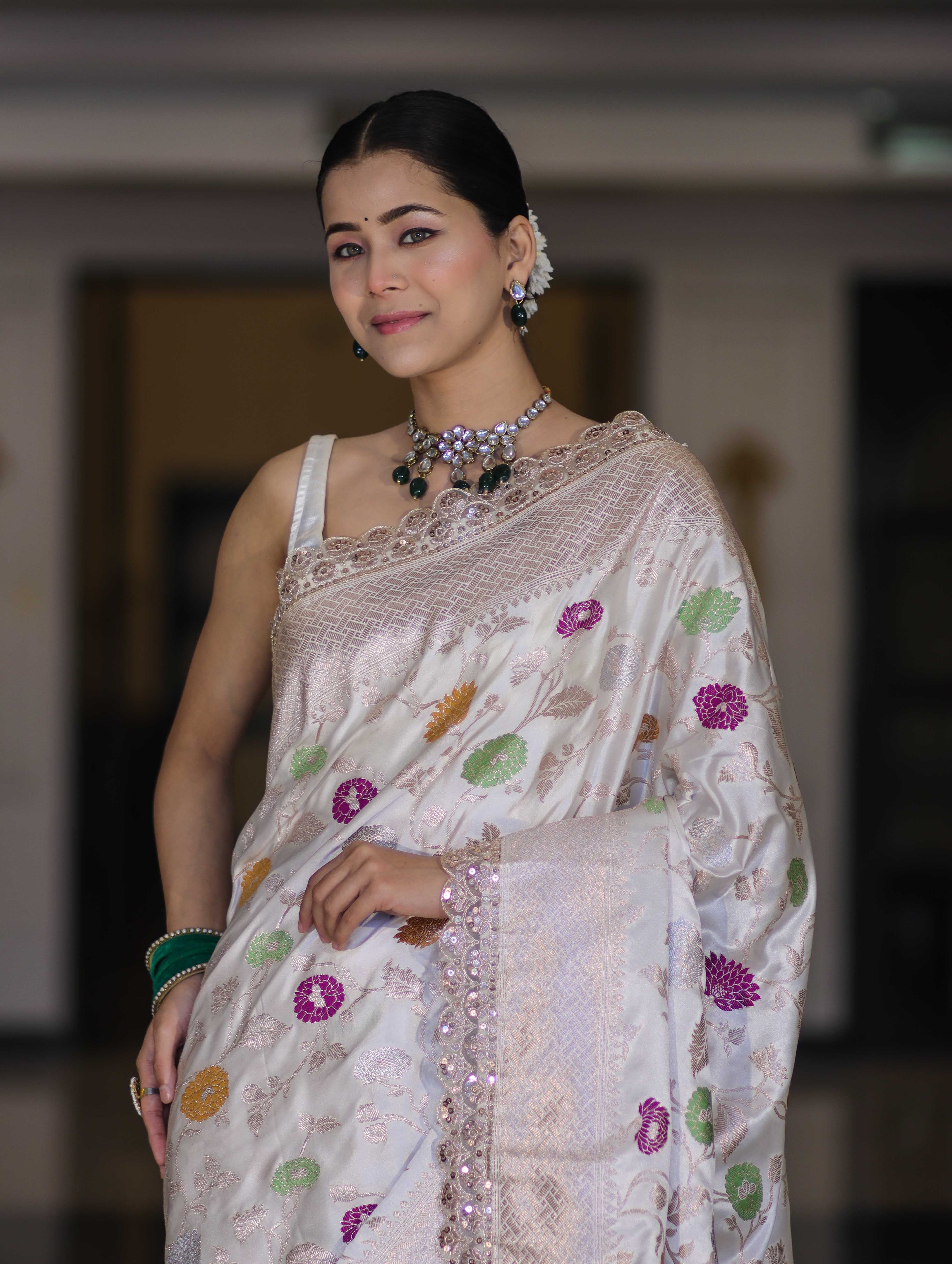 Banarasee Handloom Mashru Silk Saree With Jaal Design & Lace Border-Off White