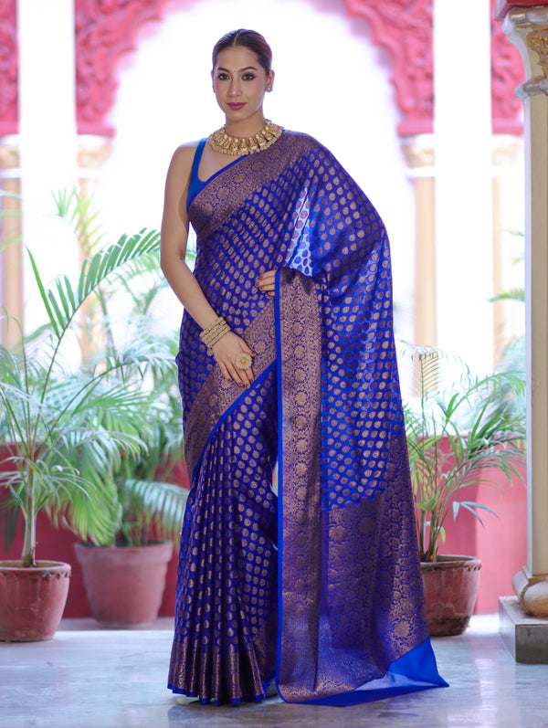 Banarasee Handwoven Georgette Saree With Zari Buta Design & Floral Border-Blue