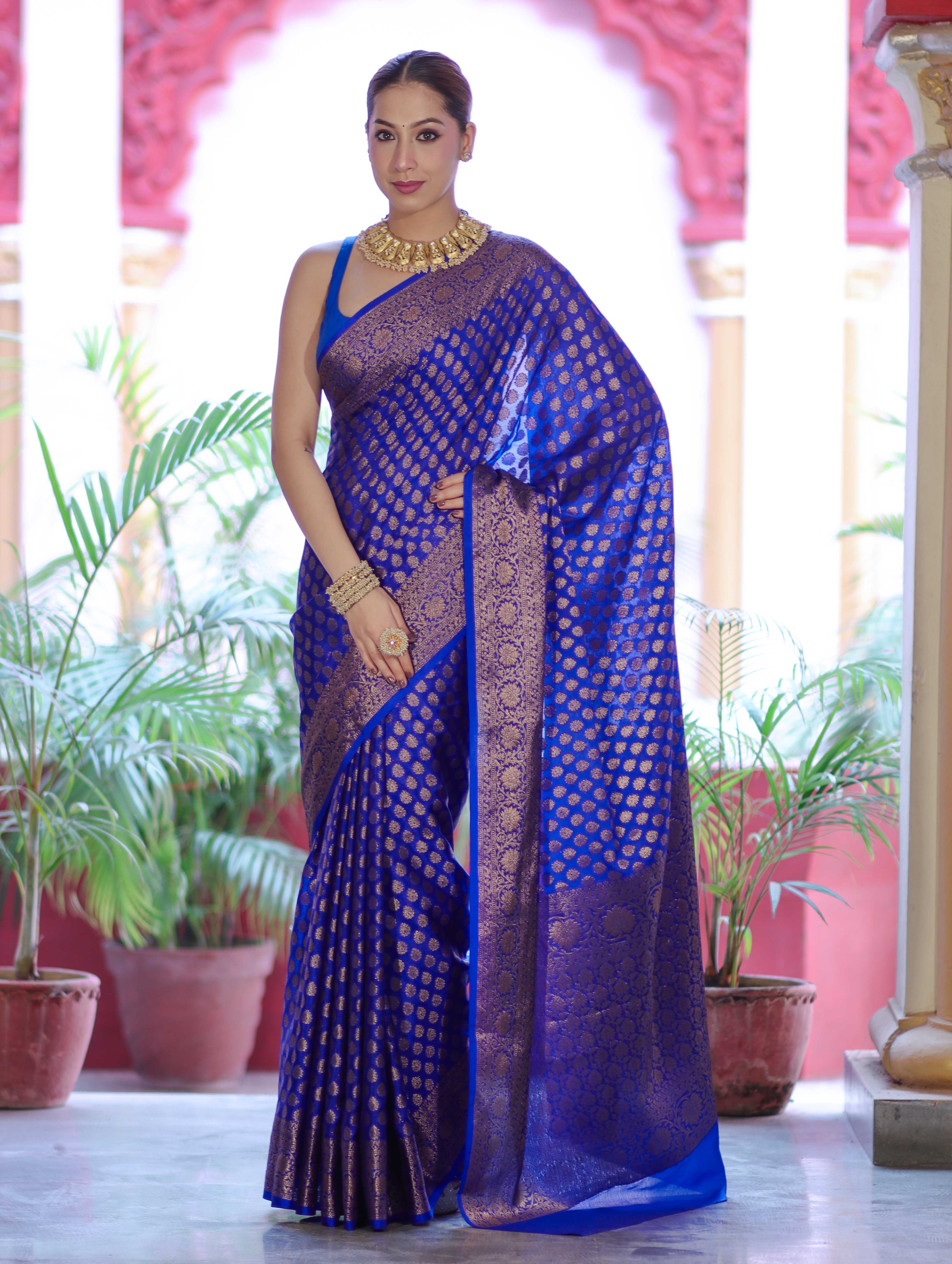 Banarasee Handwoven Georgette Saree With Zari Buta Design & Floral Border-Blue