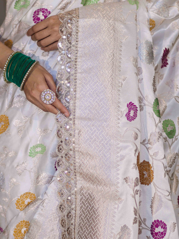 Banarasee Handloom Mashru Silk Saree With Jaal Design & Lace Border-Off White