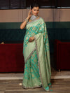 Banarasee Pure Chiffon Saree With Golden Zari Jaal Design Border & Lace-Aqua Green