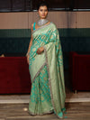 Banarasee Pure Chiffon Saree With Golden Zari Jaal Design Border & Lace-Aqua Green