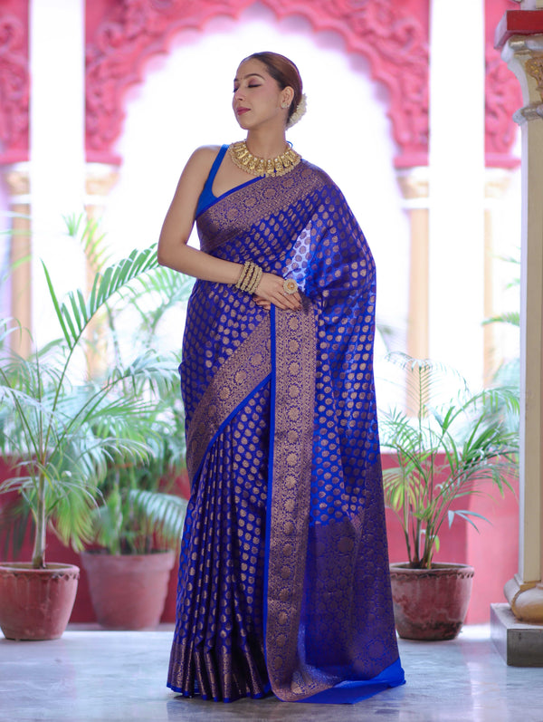 Banarasee Handwoven Georgette Saree With Zari Buta Design & Floral Border-Blue