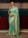 Banarasee Pure Chiffon Saree With Golden Zari Jaal Design Border & Lace-Aqua Green