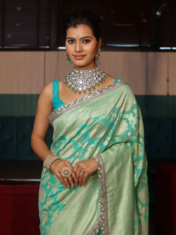 Banarasee Pure Chiffon Saree With Golden Zari Jaal Design Border & Lace-Aqua Green