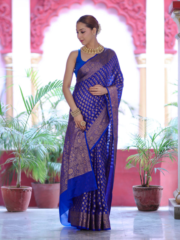 Banarasee Handwoven Georgette Saree With Zari Buta Design & Floral Border-Blue