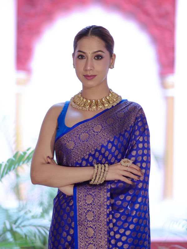 Banarasee Handwoven Georgette Saree With Zari Buta Design & Floral Border-Blue