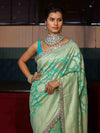 Banarasee Pure Chiffon Saree With Golden Zari Jaal Design Border & Lace-Aqua Green