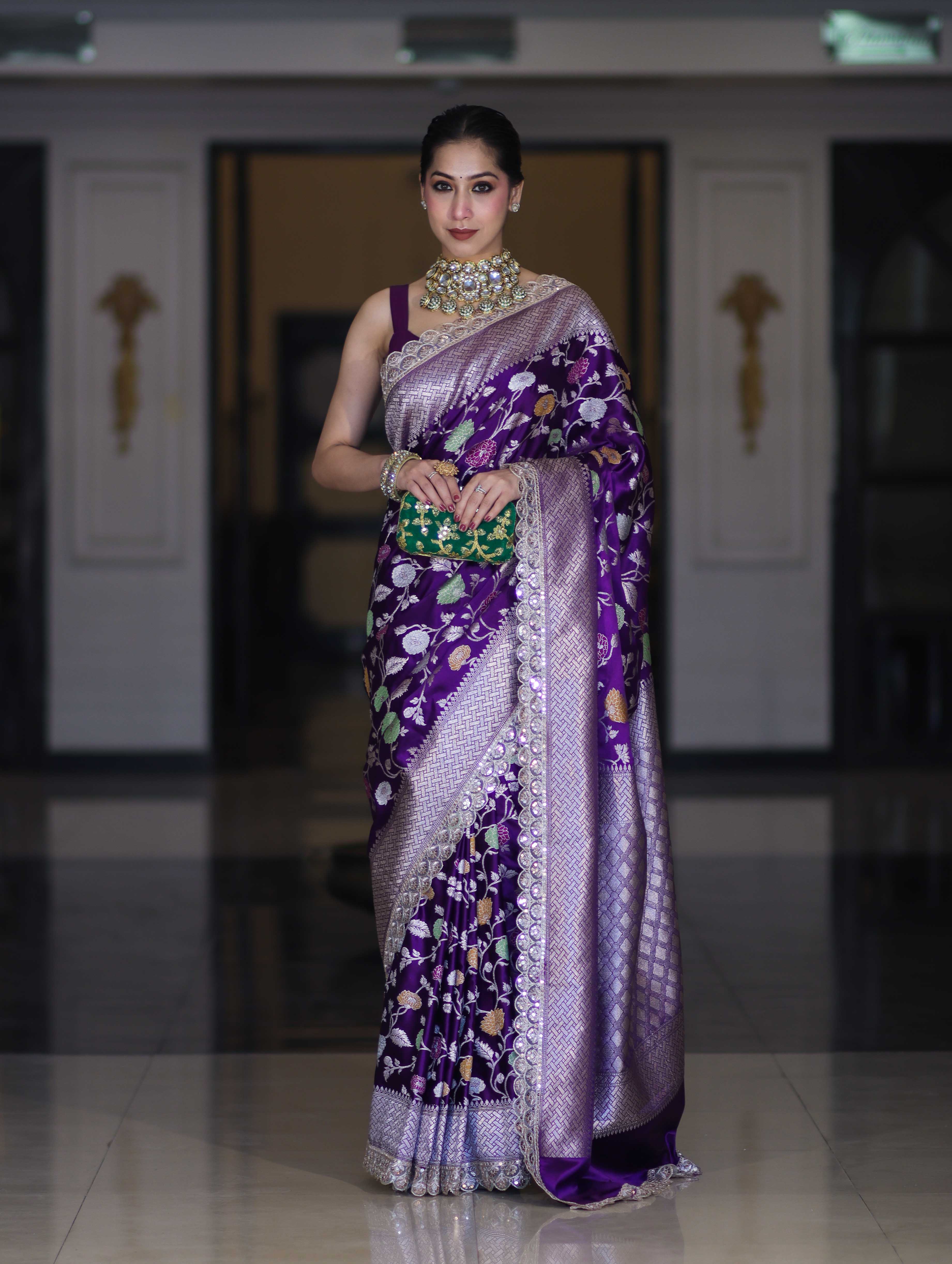 Banarasee Handloom Mashru Silk Saree With Jaal Design & Lace Border-Violet