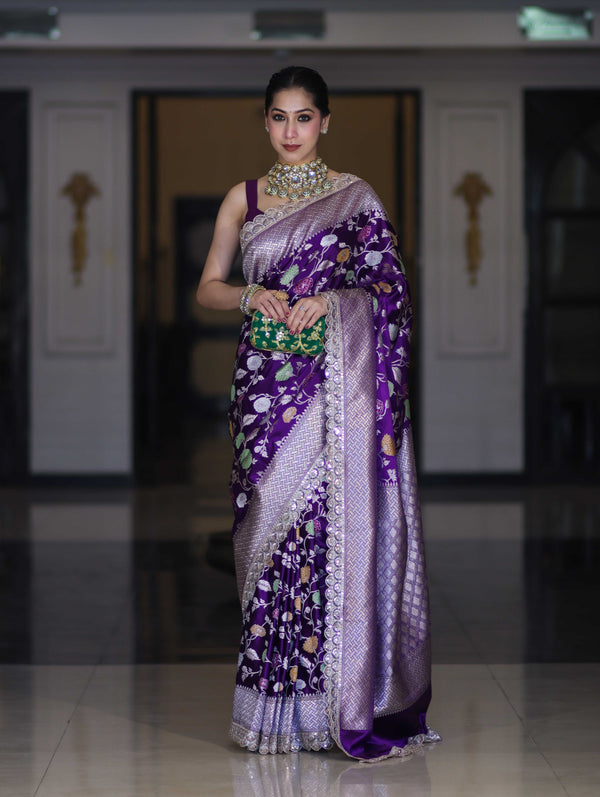 Banarasee Handloom Mashru Silk Saree With Jaal Design & Lace Border-Violet