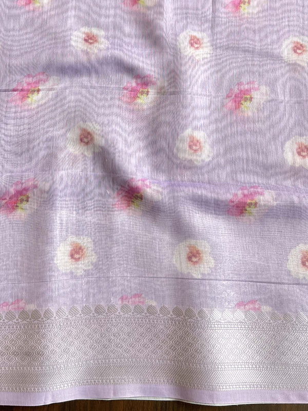 Banarasee Handloom Chanderi Digital Print Saree With Silver Zari Design-Lavender