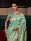 Banarasee Pure Chiffon Saree With Golden Zari Jaal Design Border & Lace-Aqua Green