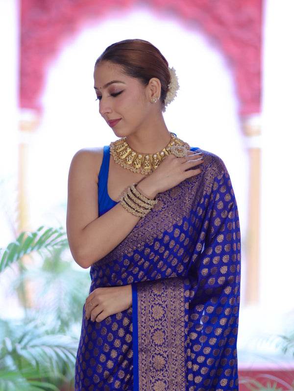 Banarasee Handwoven Georgette Saree With Zari Buta Design & Floral Border-Blue