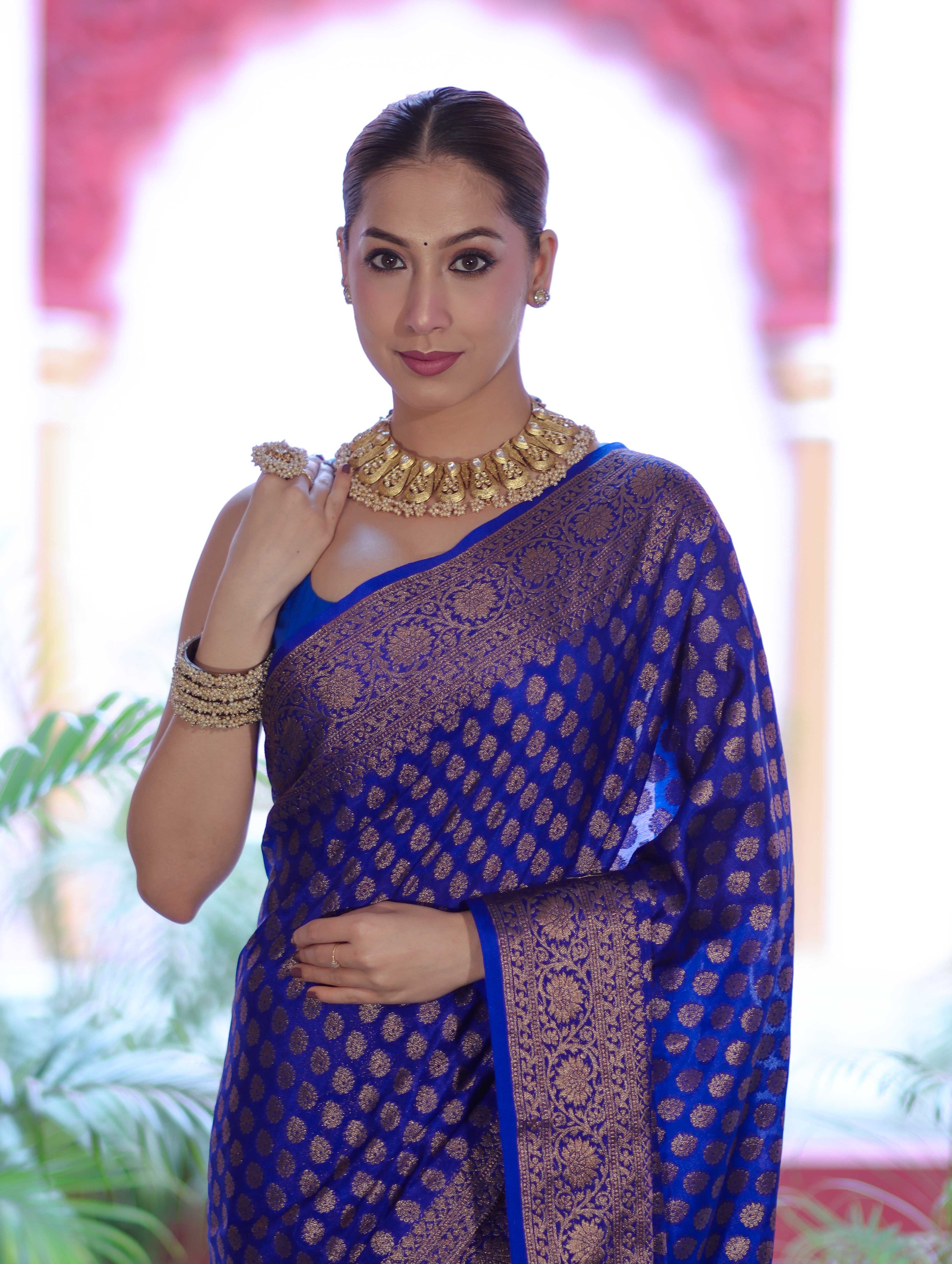 Banarasee Handwoven Georgette Saree With Zari Buta Design & Floral Border-Blue