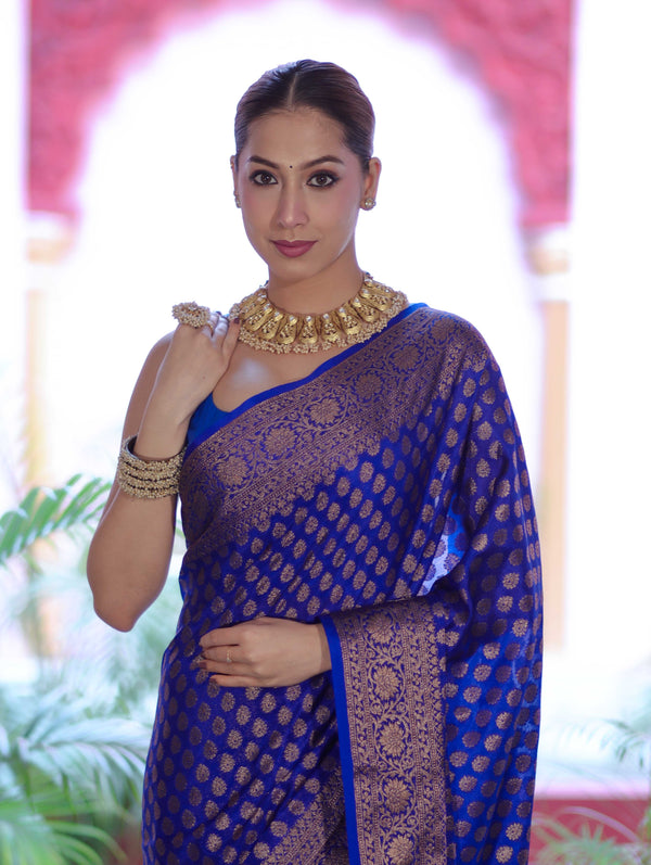 Banarasee Handwoven Georgette Saree With Zari Buta Design & Floral Border-Blue