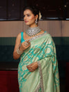 Banarasee Pure Chiffon Saree With Golden Zari Jaal Design Border & Lace-Aqua Green