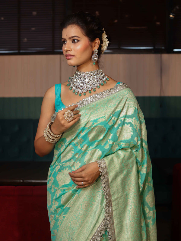 Banarasee Pure Chiffon Saree With Golden Zari Jaal Design Border & Lace-Aqua Green