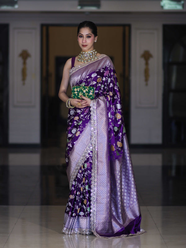 Banarasee Handloom Mashru Silk Saree With Jaal Design & Lace Border-Violet