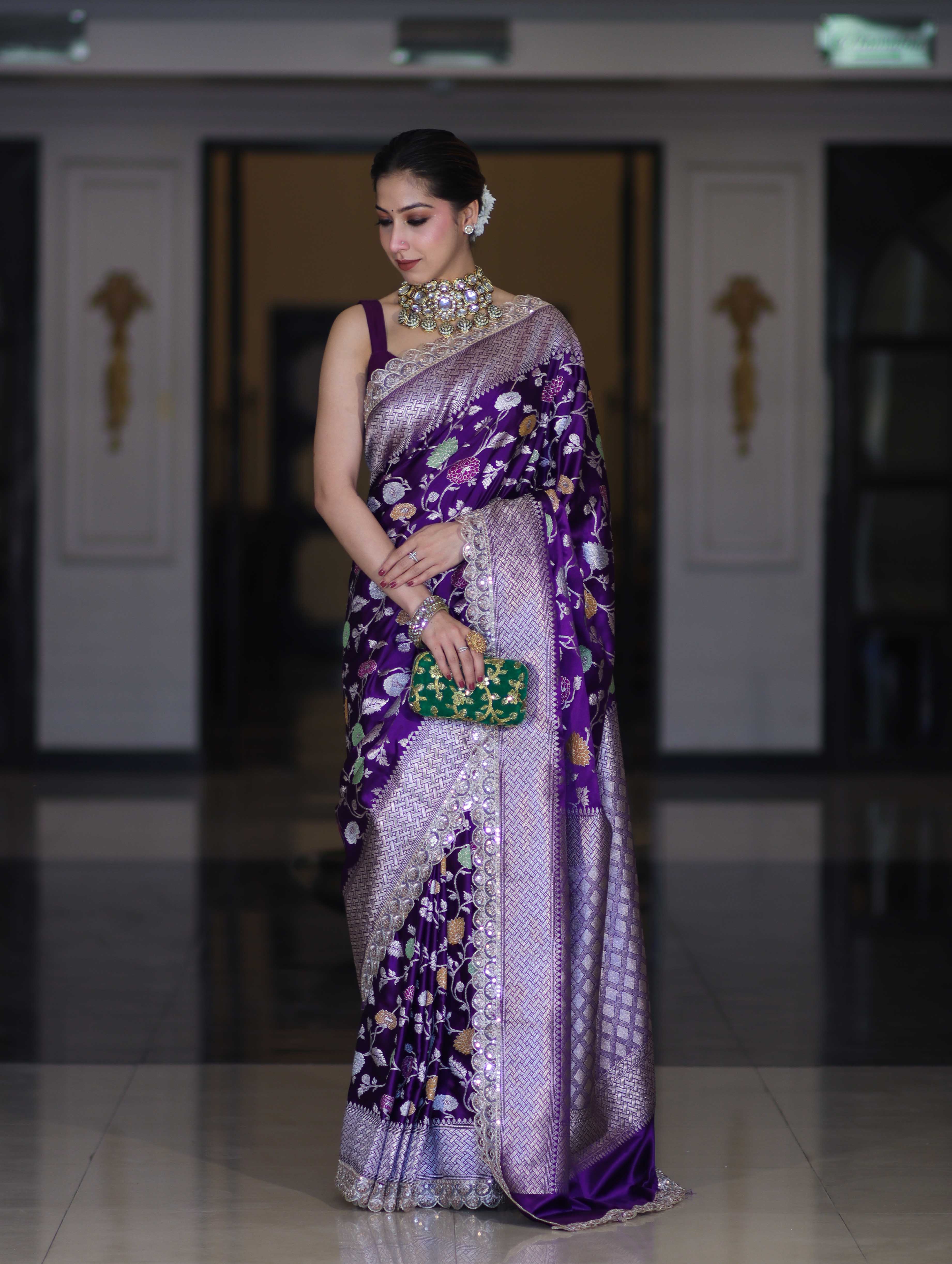 Banarasee Handloom Mashru Silk Saree With Jaal Design & Lace Border-Violet