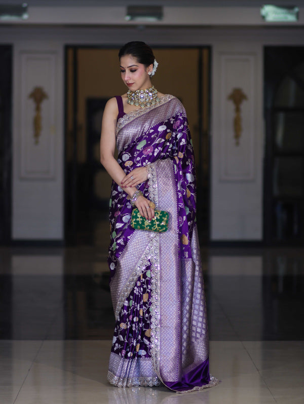 Banarasee Handloom Mashru Silk Saree With Jaal Design & Lace Border-Violet
