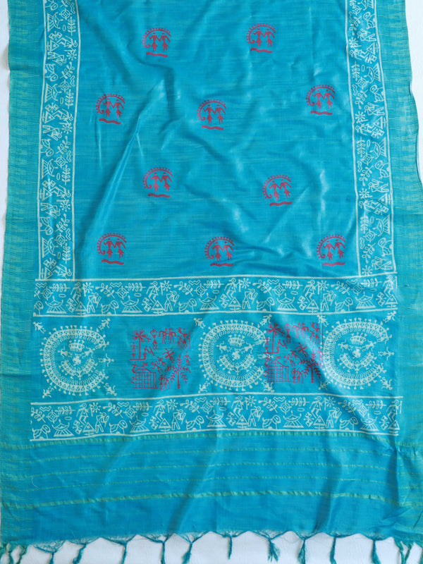 Handloom Block Printed Cotton Silk Salwar Kameez Dupatta Set-Blue