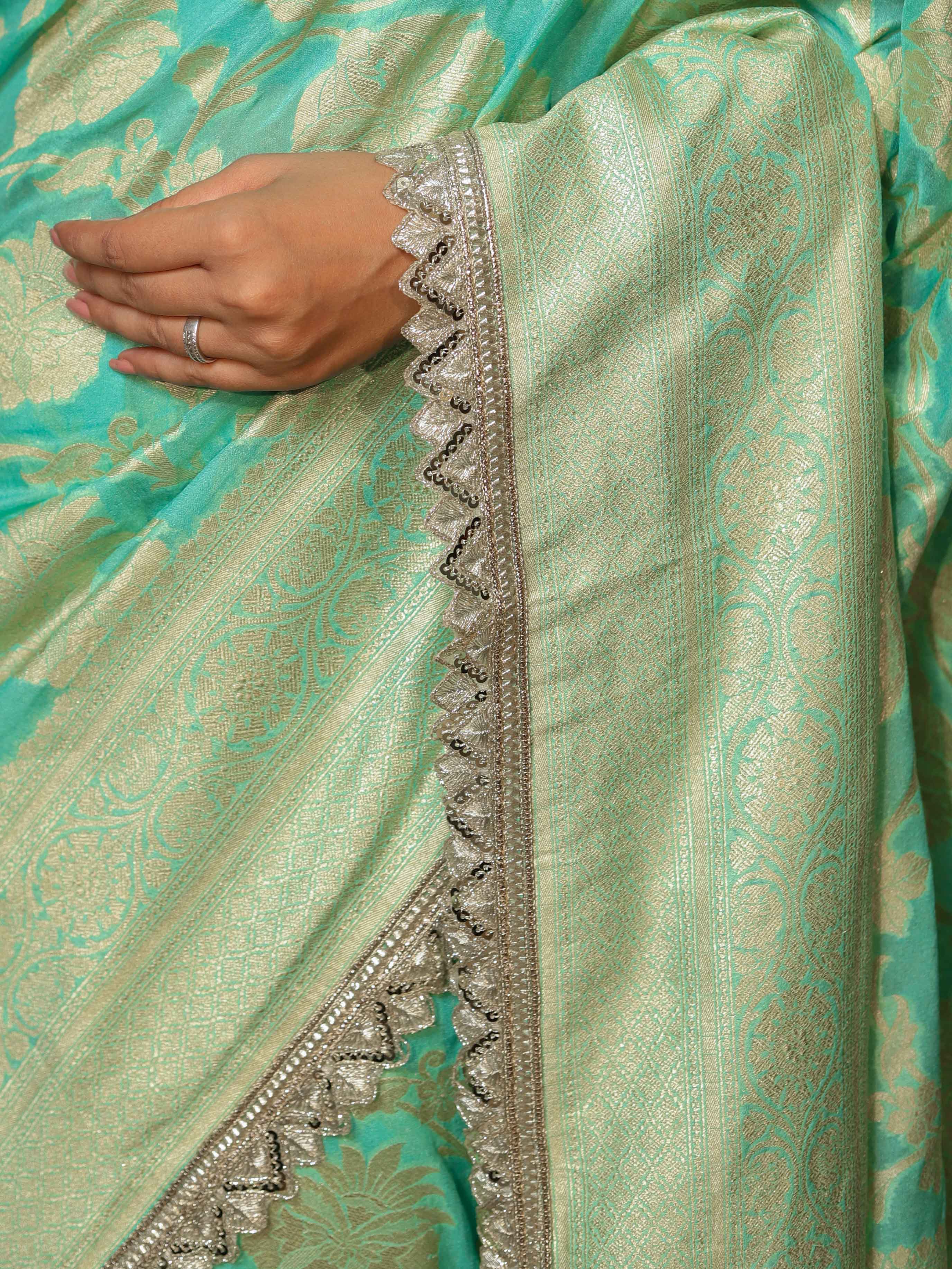 Banarasee Pure Chiffon Saree With Golden Zari Jaal Design Border & Lace-Aqua Green