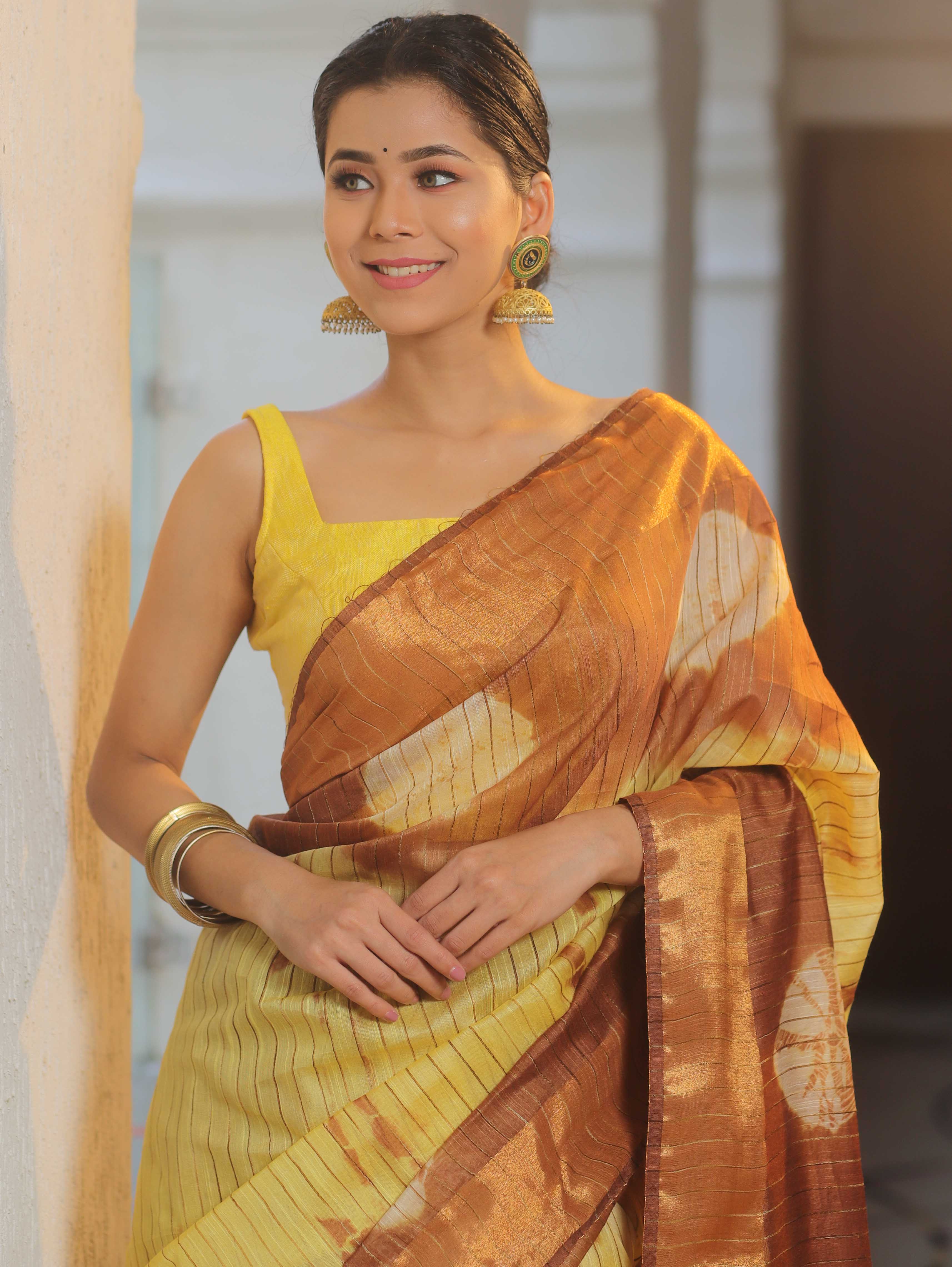 Bhagalpur Cotton Silk Ghichha Work Hand-Dyed Shibori Pattern Saree-Yellow & Brown