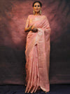 Banarasee Handloom Linen Silk Mix Zari Work Saree-Pink