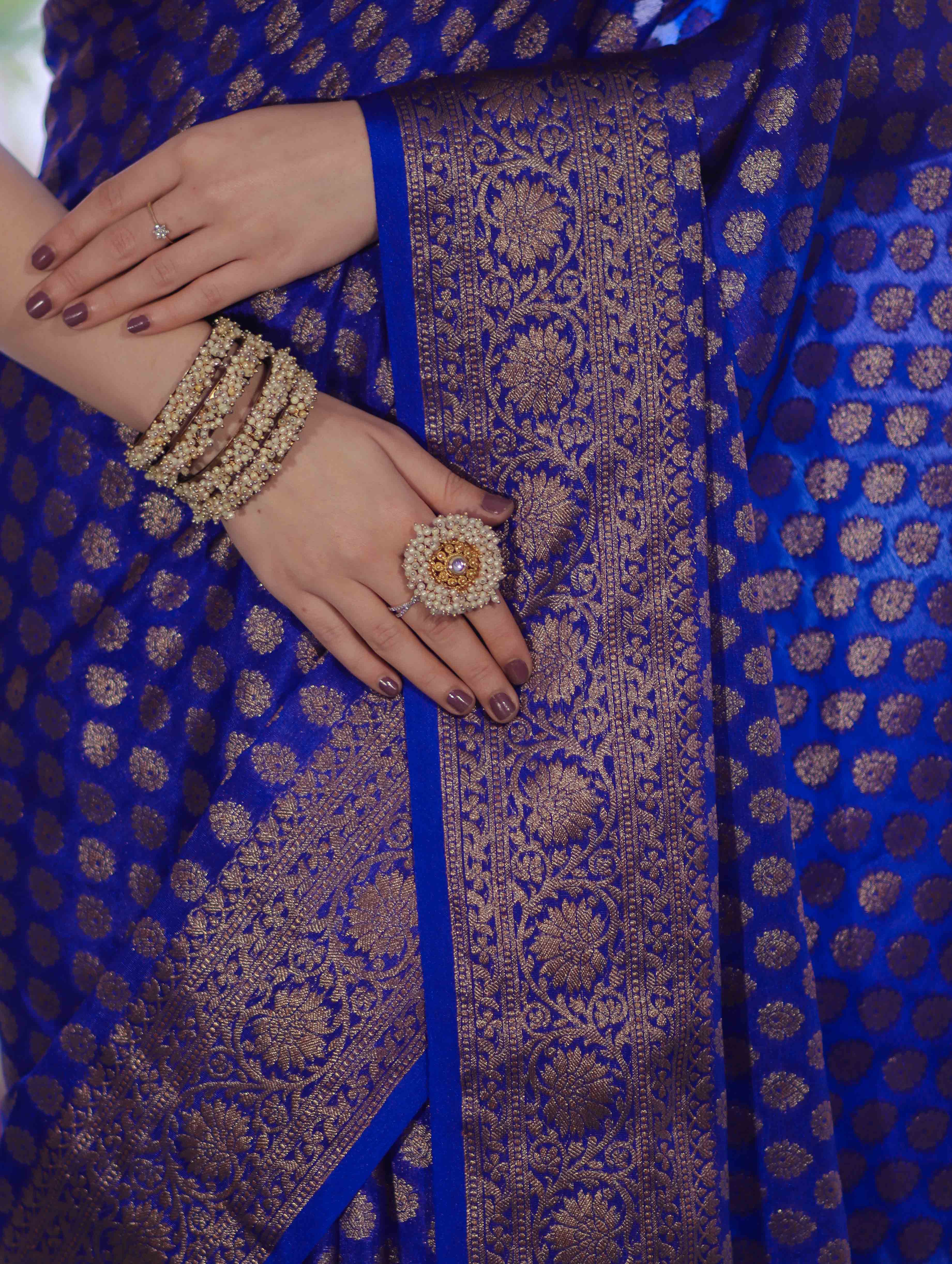 Banarasee Handwoven Georgette Saree With Zari Buta Design & Floral Border-Blue