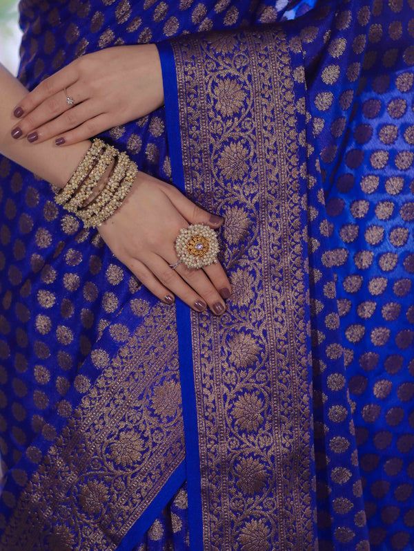 Banarasee Handwoven Georgette Saree With Zari Buta Design & Floral Border-Blue