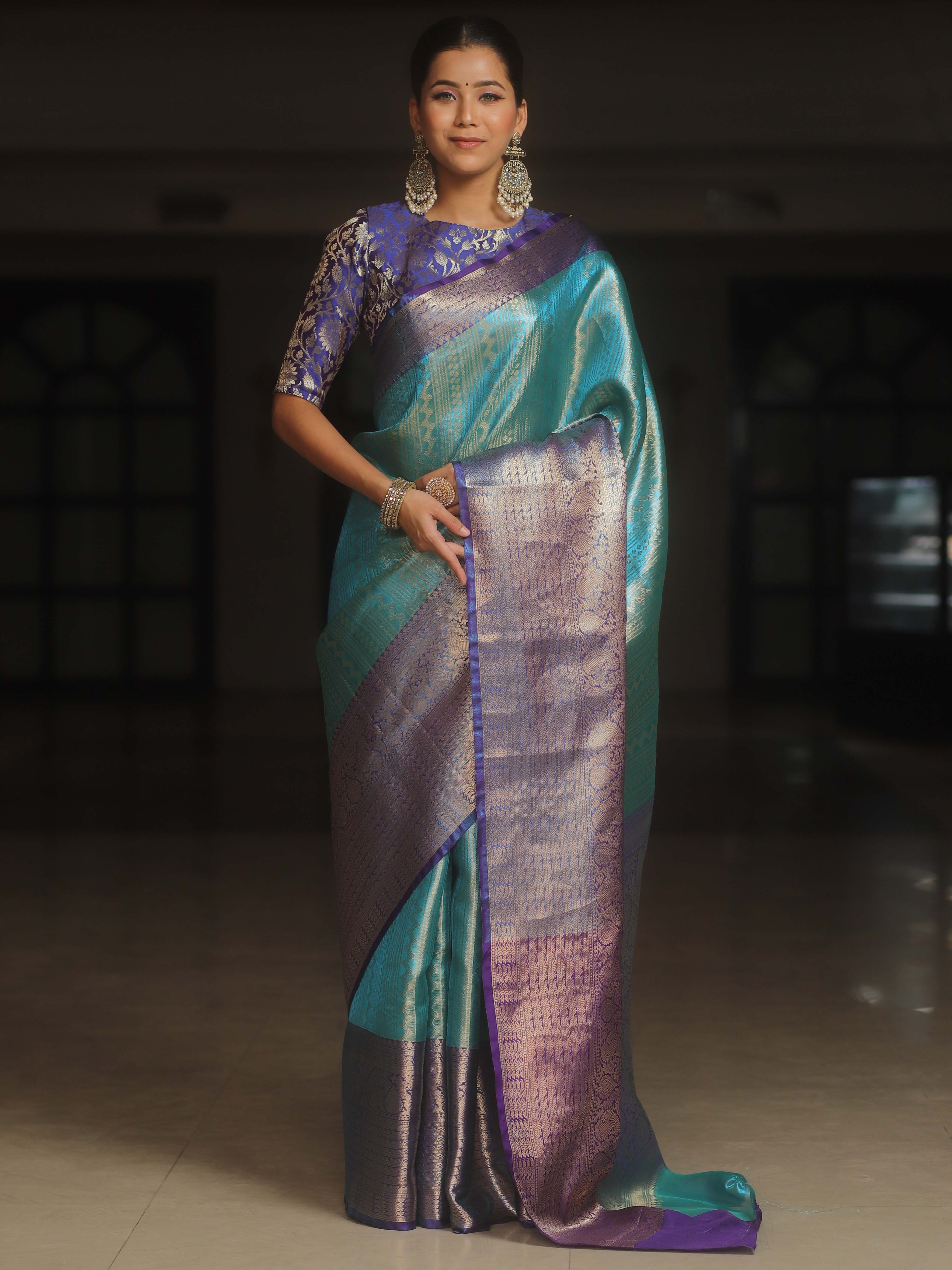 Banarasee Handwoven Broad Border Zari Design Tissue Saree-Blue