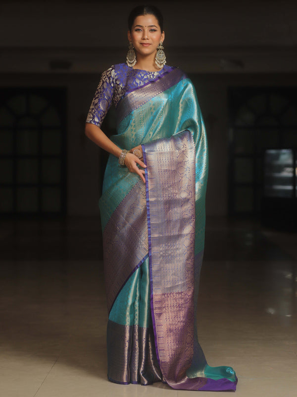 Banarasee Handwoven Broad Border Zari Design Tissue Saree-Blue