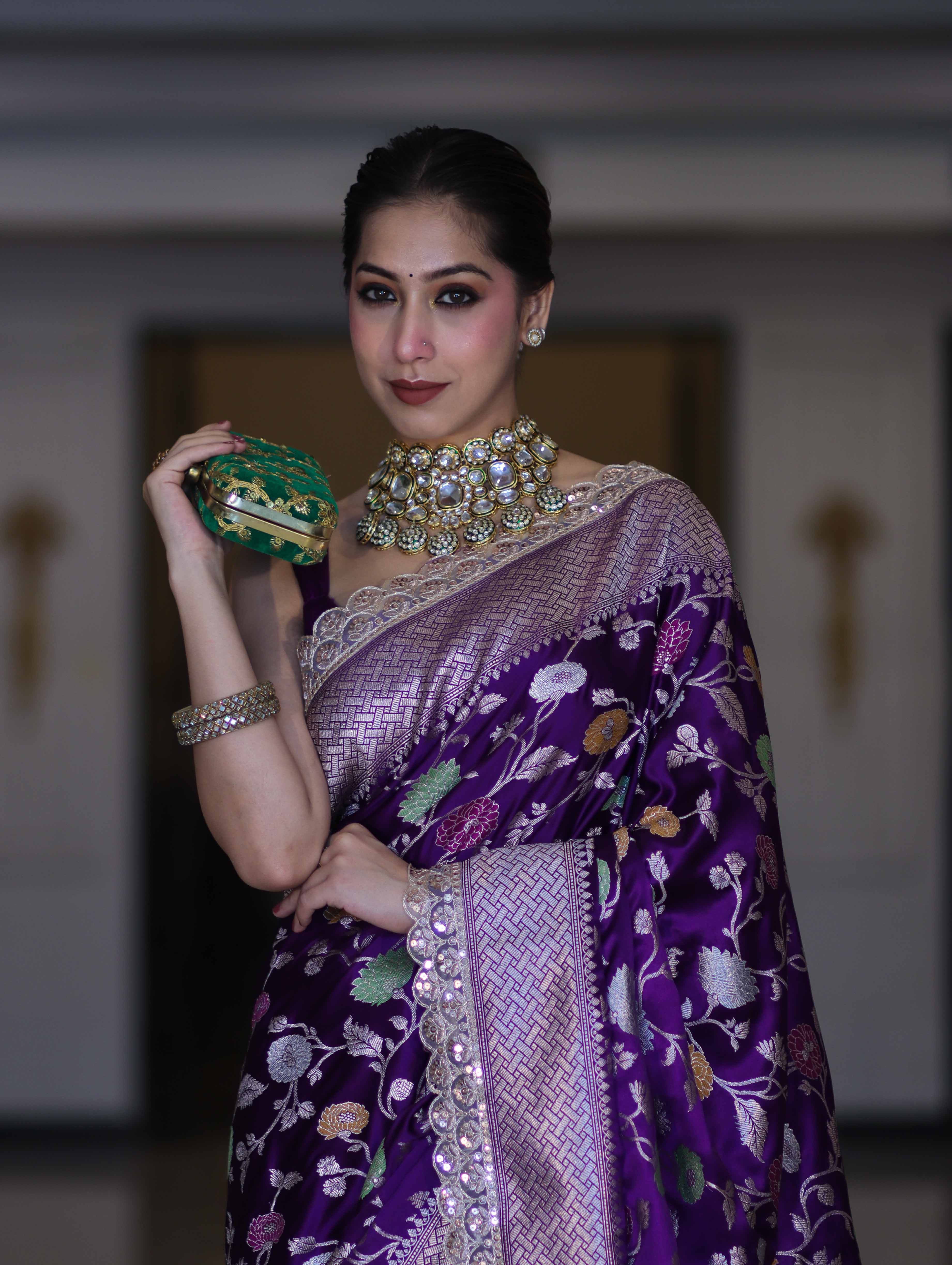 Banarasee Handloom Mashru Silk Saree With Jaal Design & Lace Border-Violet