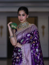 Banarasee Handloom Mashru Silk Saree With Jaal Design & Lace Border-Violet