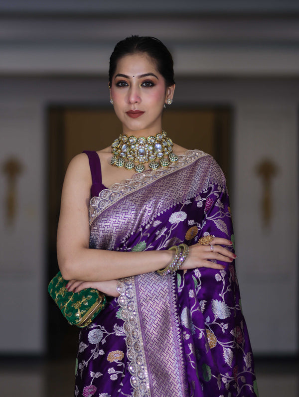 Banarasee Handloom Mashru Silk Saree With Jaal Design & Lace Border-Violet