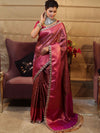 Banarasee Handwoven Semi Silk Saree With Zari Jaal Design Contrast Border & Lace-Magenta