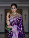 Banarasee Handloom Mashru Silk Saree With Jaal Design & Lace Border-Violet