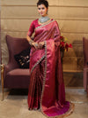 Banarasee Handwoven Semi Silk Saree With Zari Jaal Design Contrast Border & Lace-Magenta