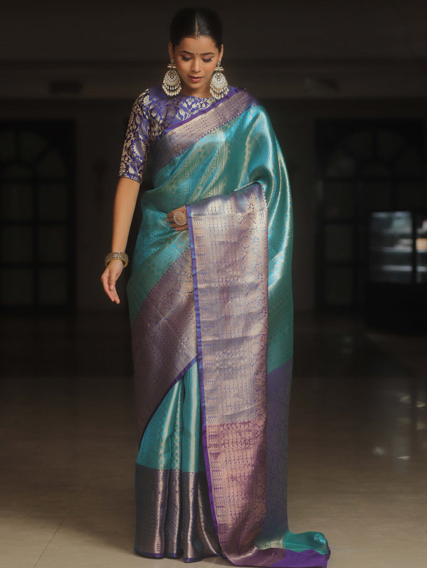 Banarasee Handwoven Broad Border Zari Design Tissue Saree-Blue