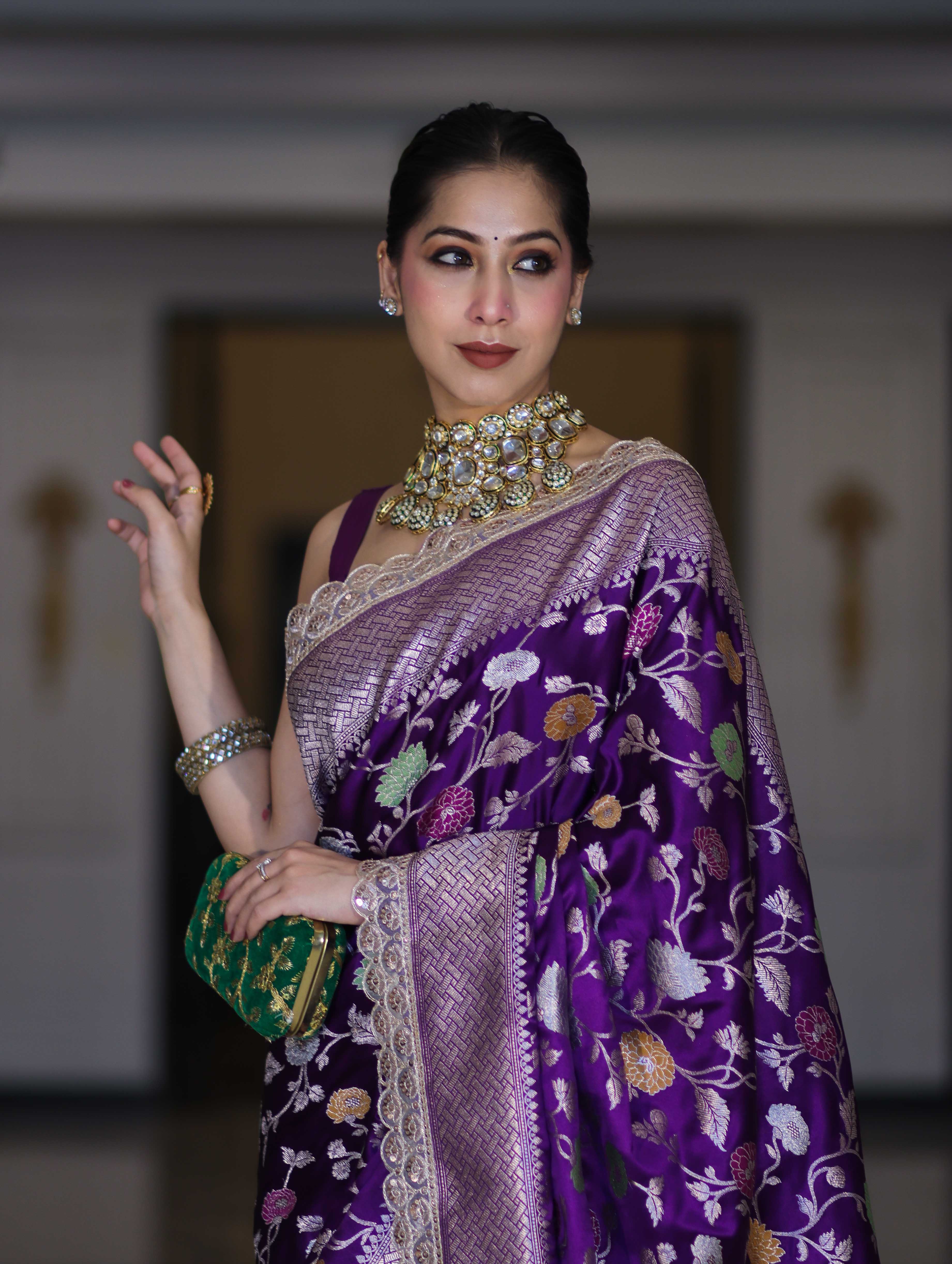 Banarasee Handloom Mashru Silk Saree With Jaal Design & Lace Border-Violet