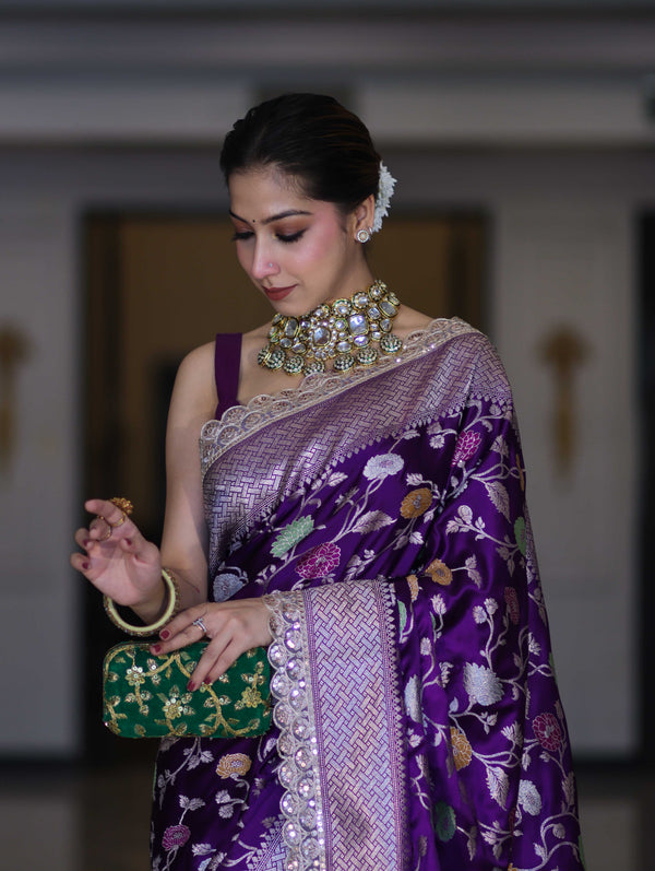 Banarasee Handloom Mashru Silk Saree With Jaal Design & Lace Border-Violet
