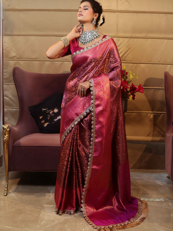 Banarasee Handwoven Semi Silk Saree With Zari Jaal Design Contrast Border & Lace-Magenta