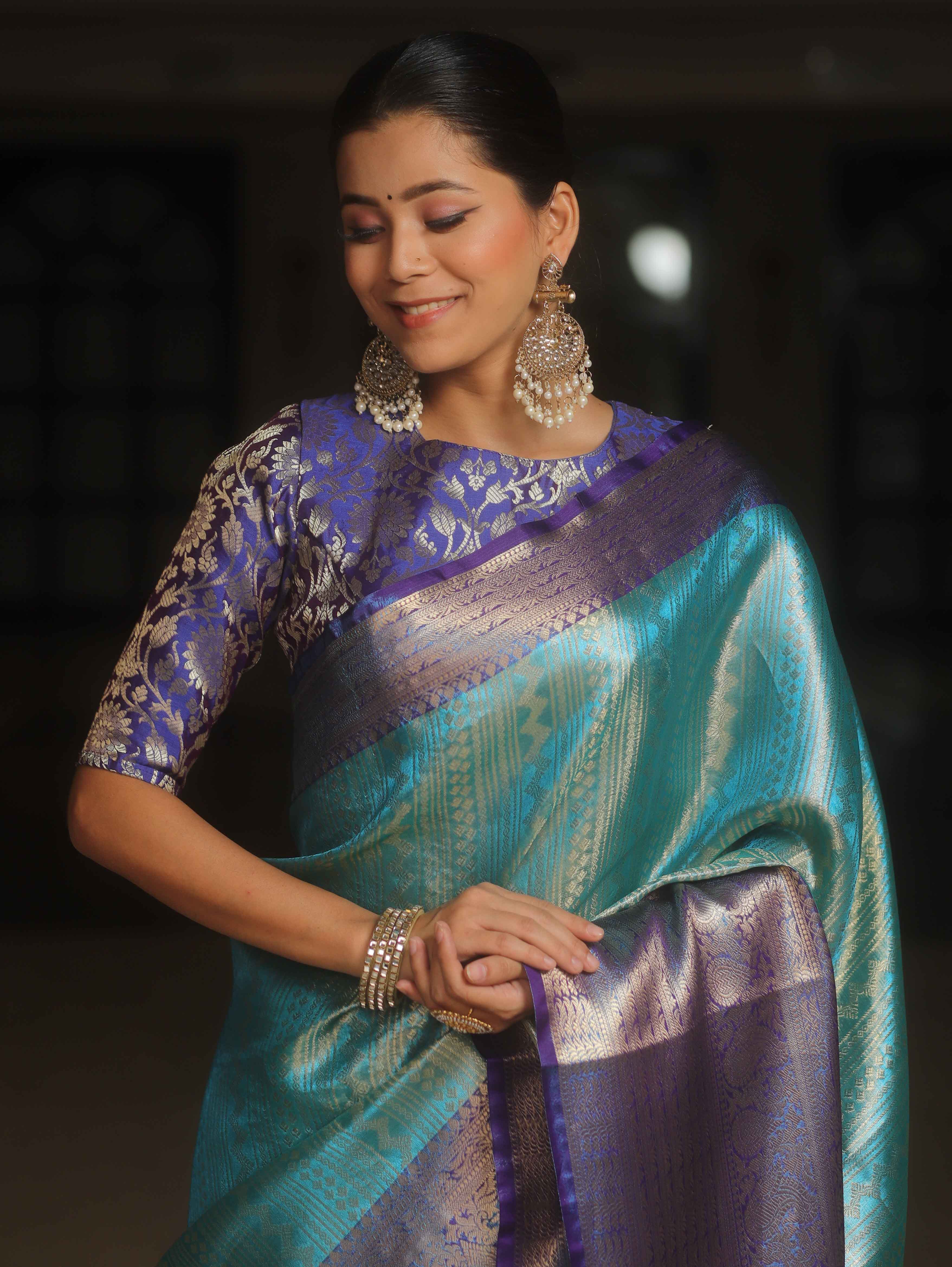 Banarasee Handwoven Broad Border Zari Design Tissue Saree-Blue