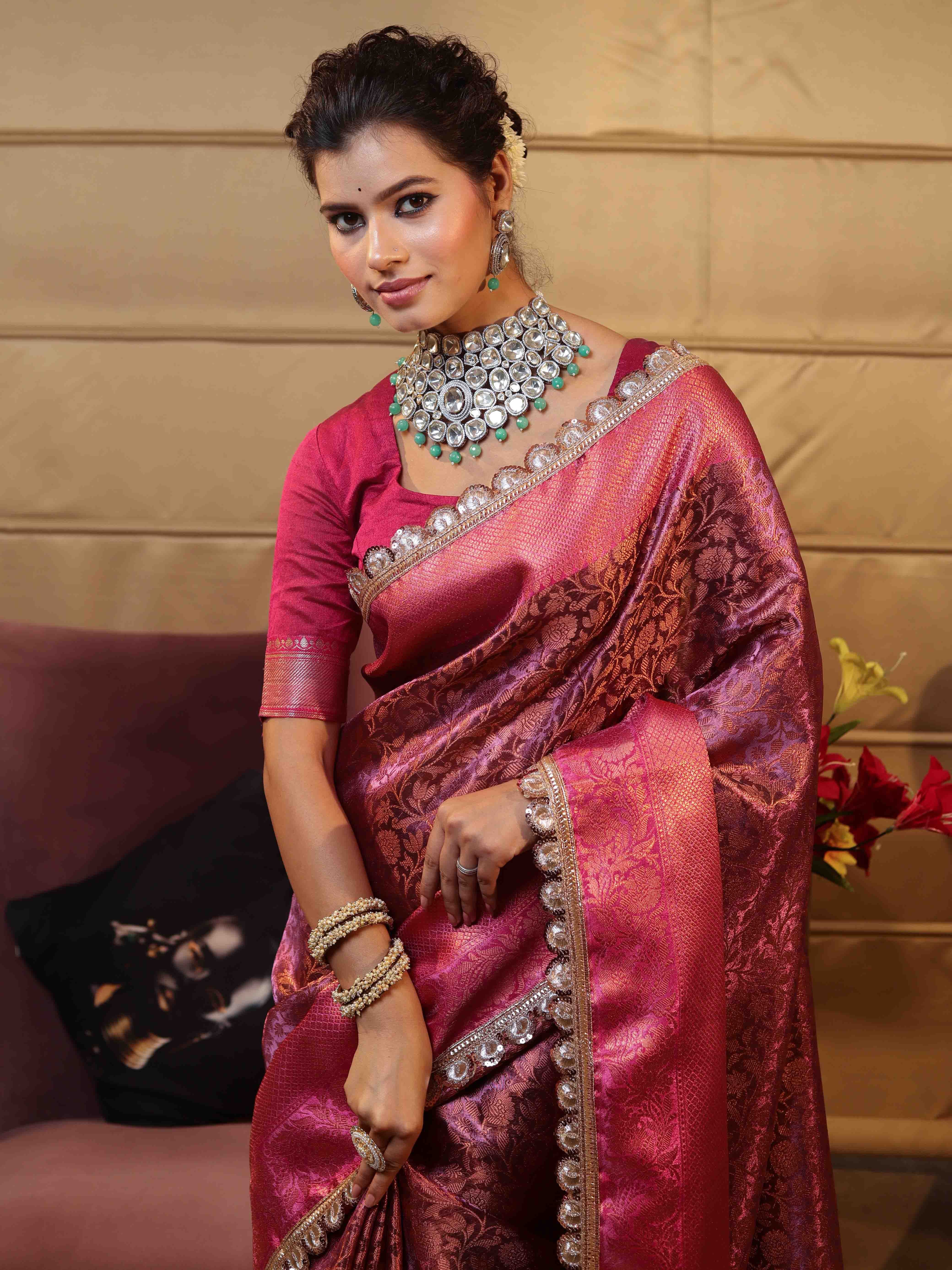 Banarasee Handwoven Semi Silk Saree With Zari Jaal Design Contrast Border & Lace-Magenta