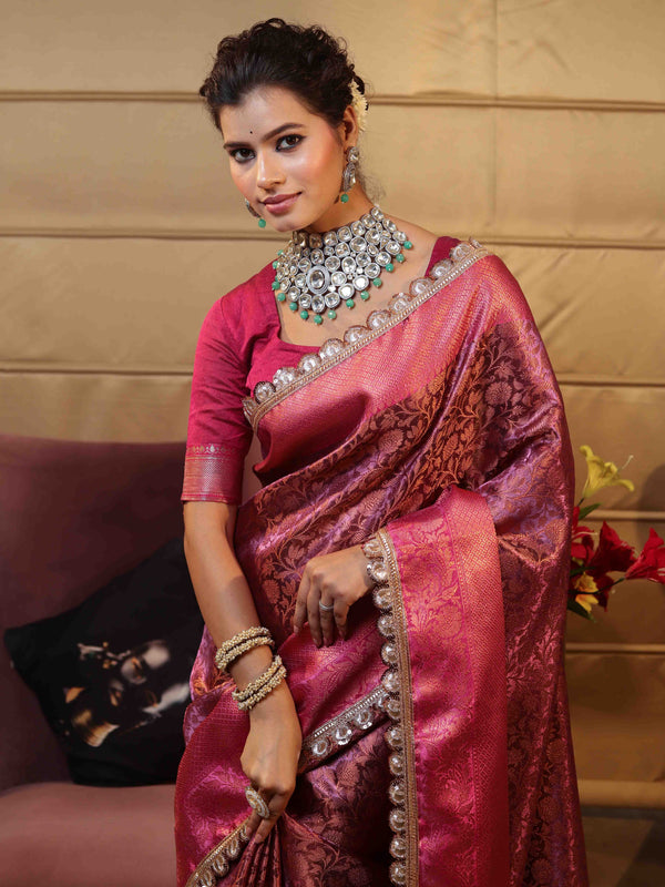 Banarasee Handwoven Semi Silk Saree With Zari Jaal Design Contrast Border & Lace-Magenta
