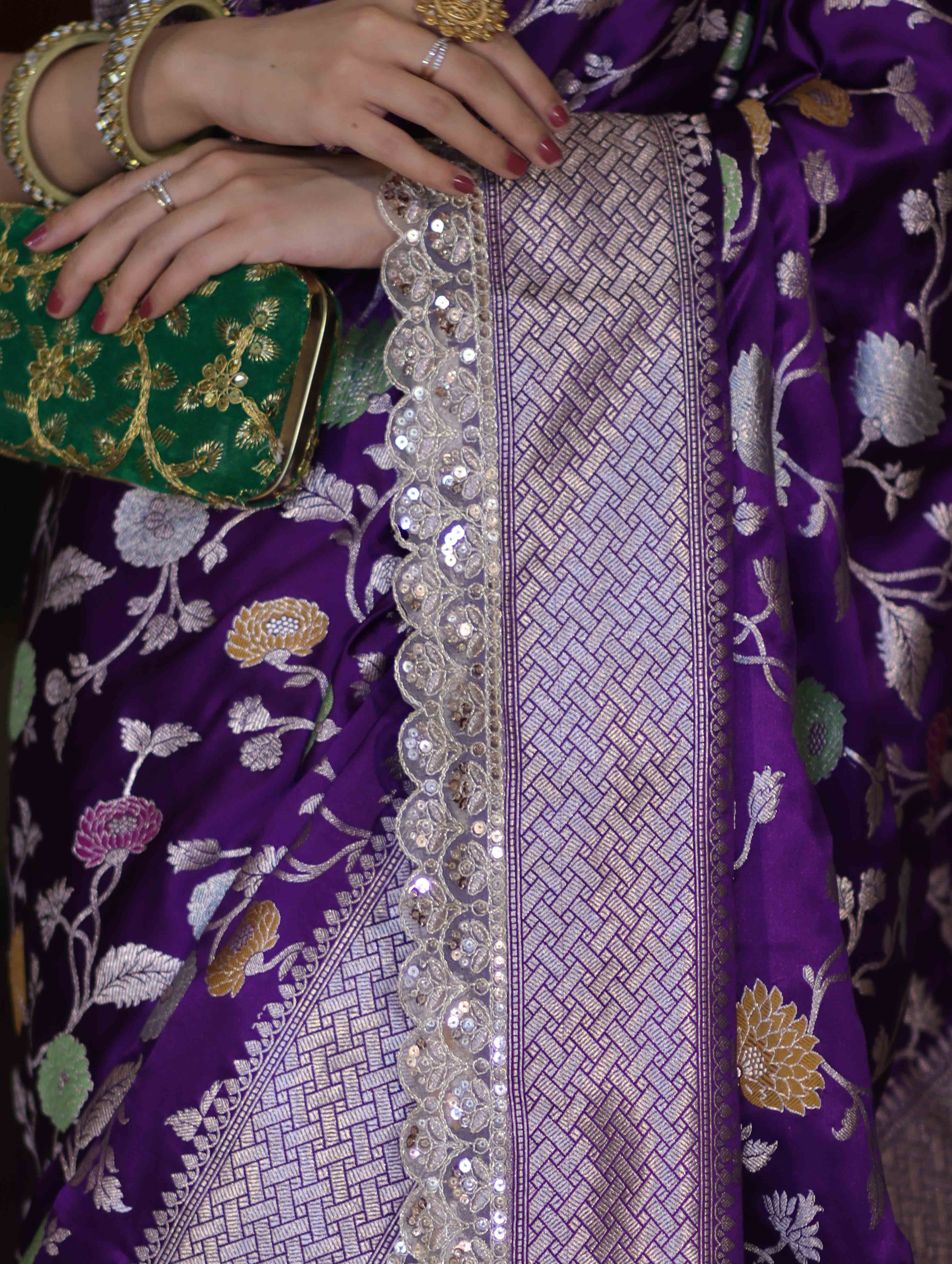 Banarasee Handloom Mashru Silk Saree With Jaal Design & Lace Border-Violet