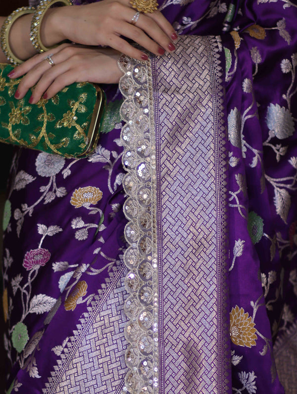 Banarasee Handloom Mashru Silk Saree With Jaal Design & Lace Border-Violet